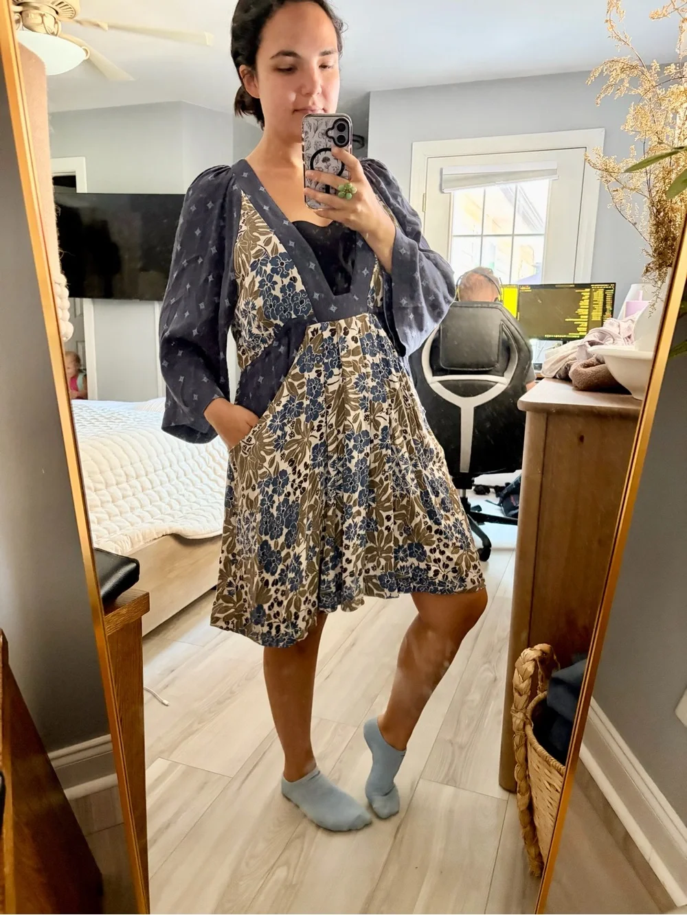 Free People Blue Floral Deep V Mini Dress